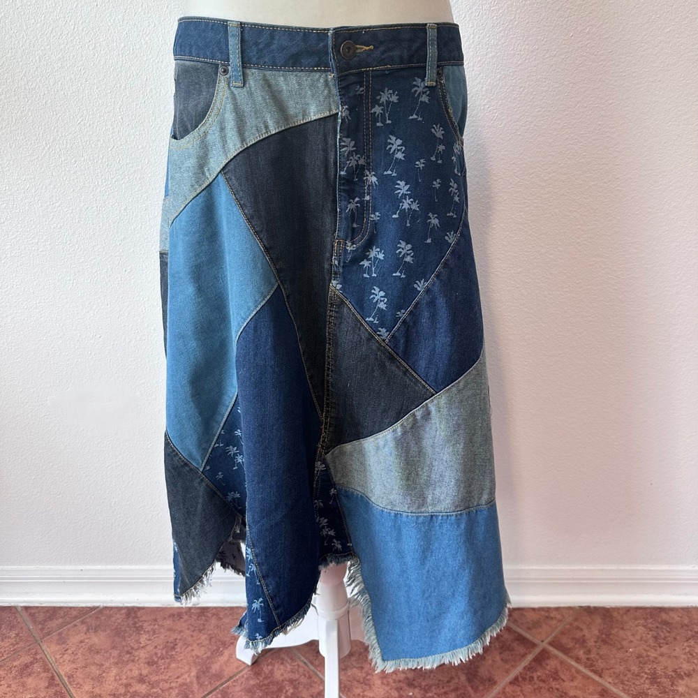Vintage Red Jeans Patchwork Colorblock Denim Midi Skirt Women 36 Blue Distressed